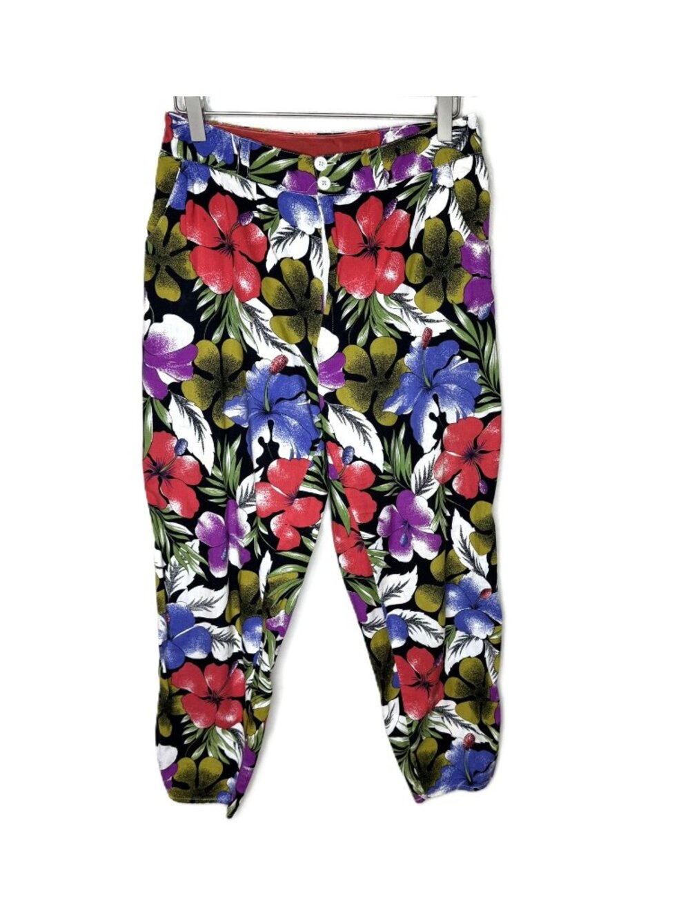 Vintage 70s Women's Floral Print High Rise Cropped Resort Wear Pants, Size 42